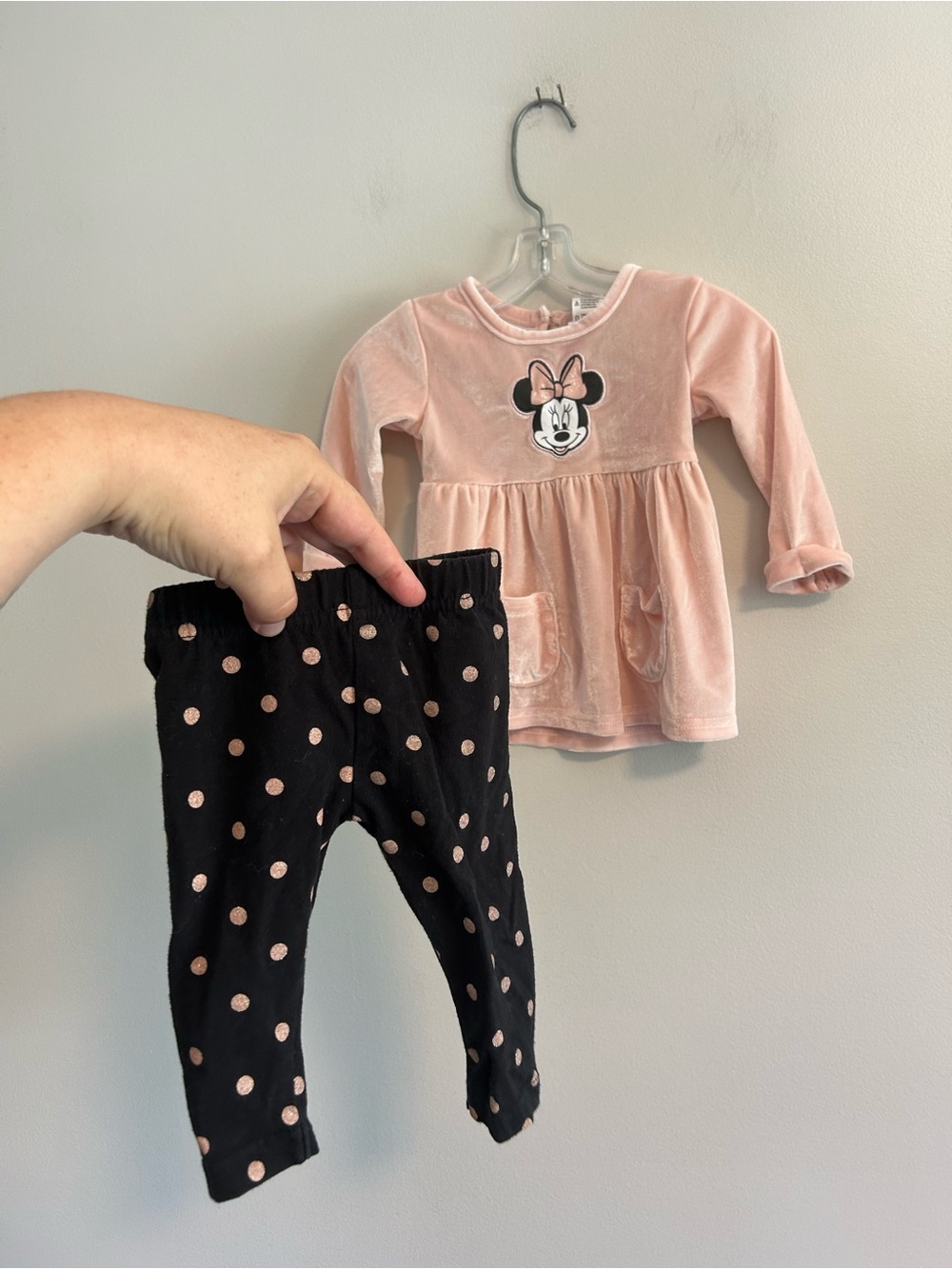 Disney 3/6m Minnie Mouse Pink Velvet Dress & Black Polka Dot Leggings Set